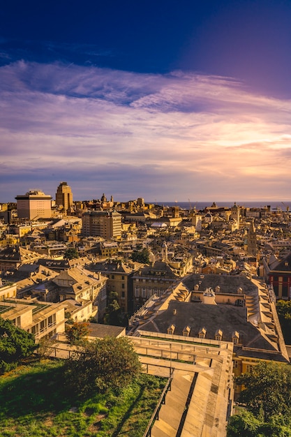 View of Genoa at sunset from "Spianata Castelletto", Italy