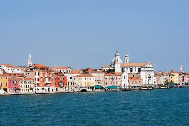 View to Gesuati Quay and Santa Maria del Rosario Church in summer Venice