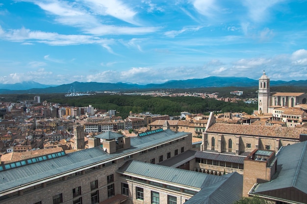 view of Girona old town and beautiful blue sky Catalonia Spain