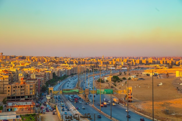 View of Giza from above at sunset