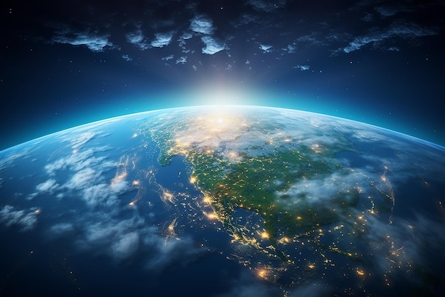 Foto la superficie luminosa del pianeta terra vista dallo spazio sullo sfondo del cielo blu
