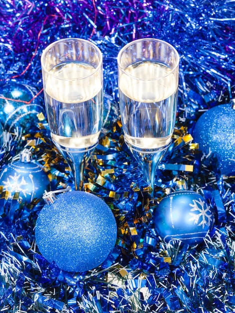 Above view of goblets in blue Xmas decorations