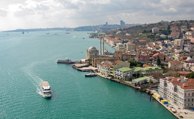 View of the Golden Horn Bay, the old city and Muslim mosques against the blue cloudless sky at sunset. Golden hour. Navigation. Turkey. Istanbul