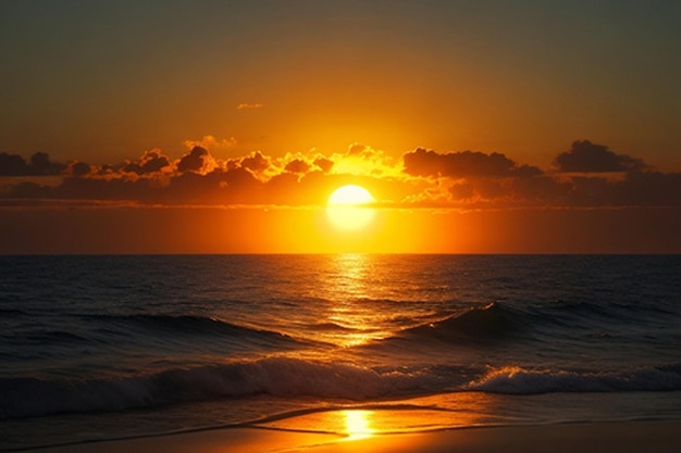 The view of golden sun setting behind a calm ocean horizon