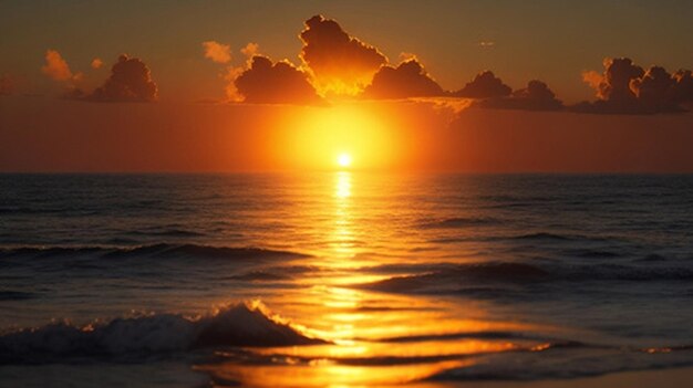 The view of golden sun setting behind a calm ocean horizon