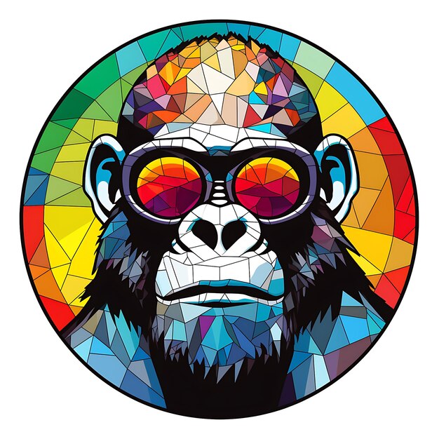 View of a Gorilla Face in a circle of colorful Stained Glass Design