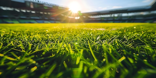 グラスで覆われたスタジアムフィールドを低い角度から眺め明るい日光と背景のスタンドコンセプトスポーツ写真アウトドア照明スタジアムビュー低い角度ショット太陽の輝き