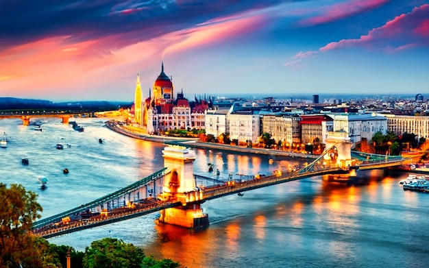 ハンガリーの国会議事堂と有名なマルギット橋の景色 AI_Generated