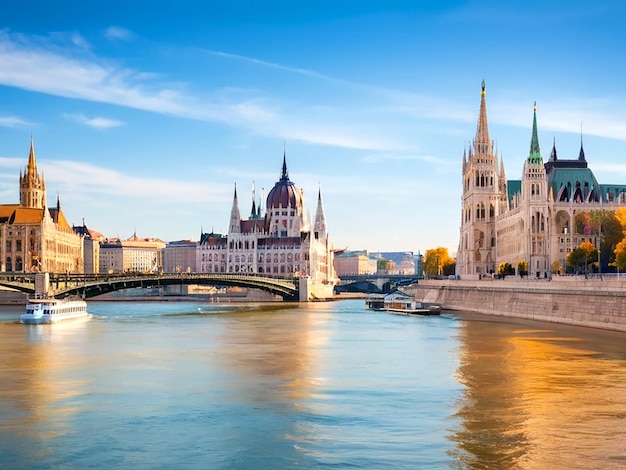 View of the great Hungarian Parliament with famous Margit bridge AI_Generated