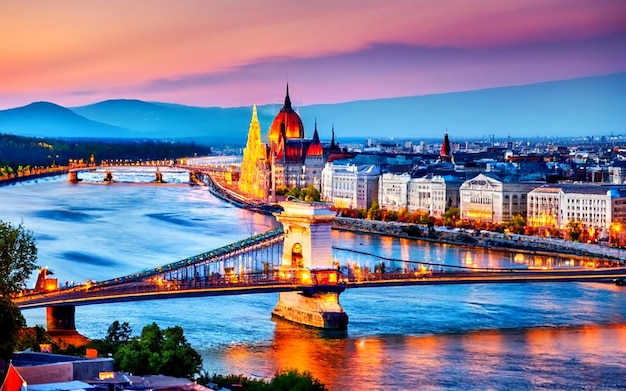 View of the great Hungarian Parliament with famous Margit bridge AI_Generated