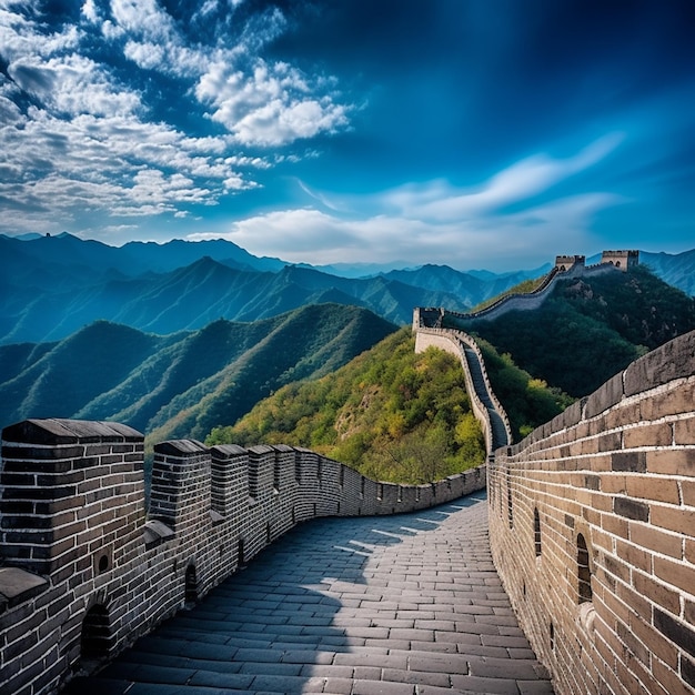 A view of the great wall of china with mountains in the background generative ai