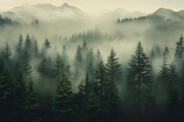 view of a green alpine trees forest with mountains at back covered with fog and mist in winter