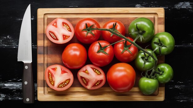 Photo above view of green bundle fresh whole cut tomatoes on wooden cutting board knife on the left side
