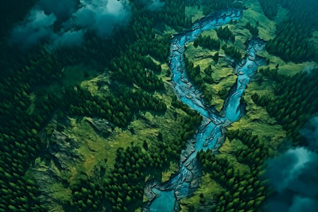 View of the green forest and river from a bird'seye view aerial shot fog in a warm forest