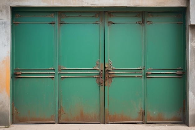 緑の鉄のドアのテクスチャ背景のビュー