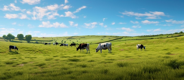 Photo view of green pastures and cows grazing grass against a bright blue sky background