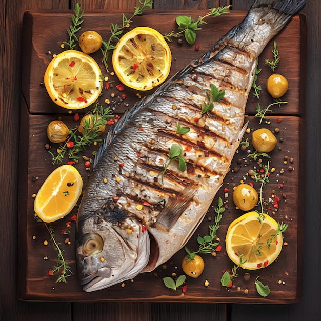 view Grilled dorado fish presented elegantly on rustic wooden background For Social Media Post Size