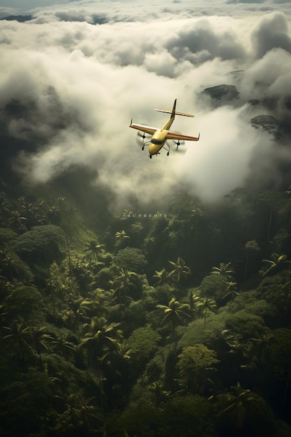 a view to the ground with the clouds and a plane