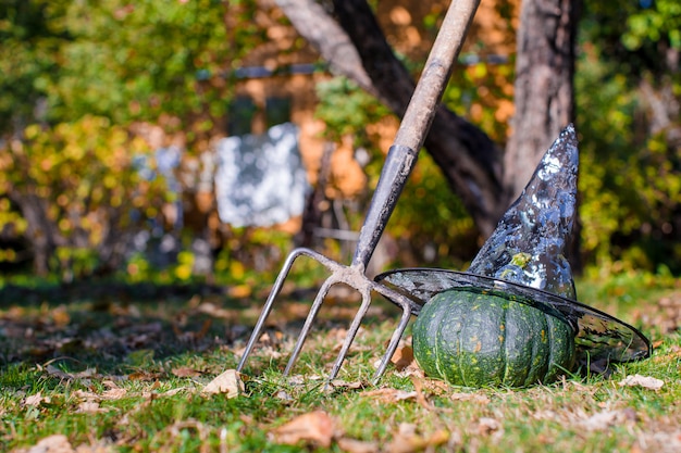 Vista delle zucche di halloween, del cappello della strega e del rastrello all'aperto