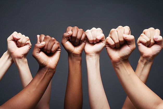 Photo view of hands with fists up for womens day celebration