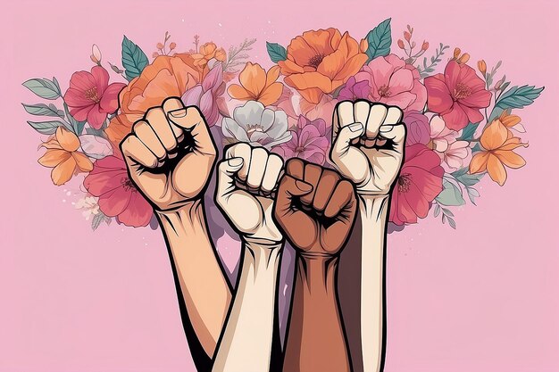 Вид рук с поднятыми кулаками на праздновании Дня женщин