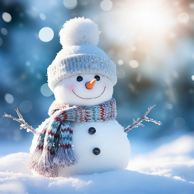 Photo a view of a happy snowman in winter scenery with copy space generated by ai