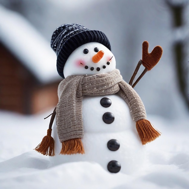 A view of a happy snowman in winter scenery with copy space generative AI