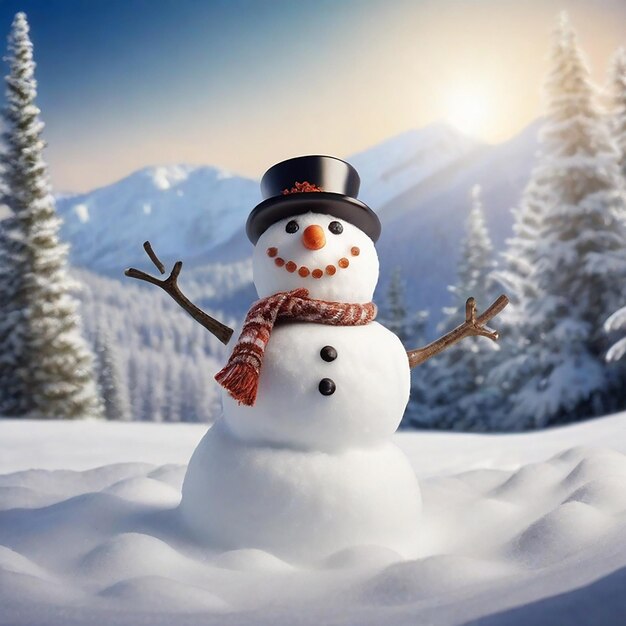 A view of a happy snowman in winter scenery with copy space generative AI