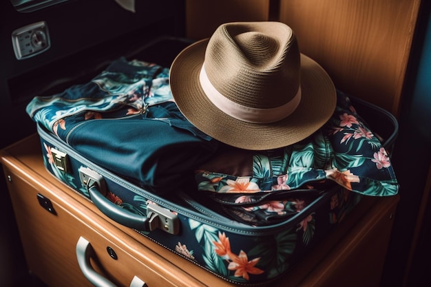 Photo view of hawaiian shirts stacked in luggage with hat and headphones