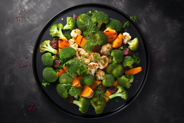 Above view of healthy meal with brocoli and carrots on a black plate on gray table