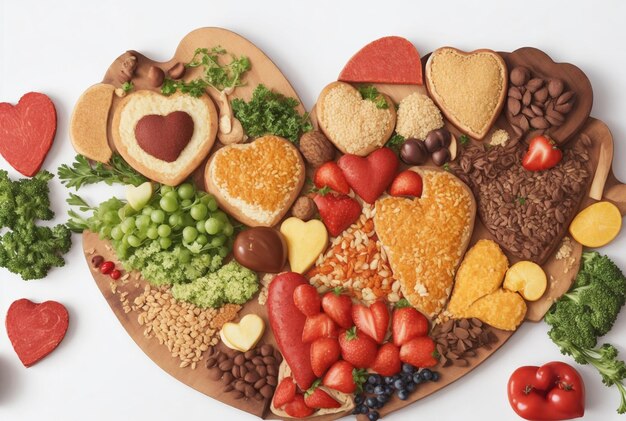 Photo view of heart shape with assortment of foods categories vegan salad