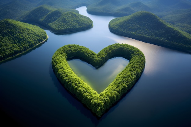 Photo view of heart shaped island with vegetation