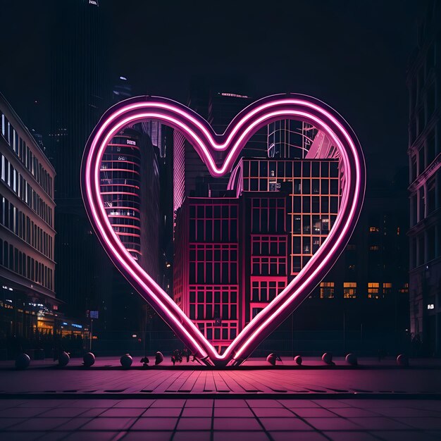 View of heart shaped neon light in the city