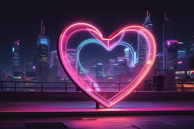 View of heart shaped neon light in the city