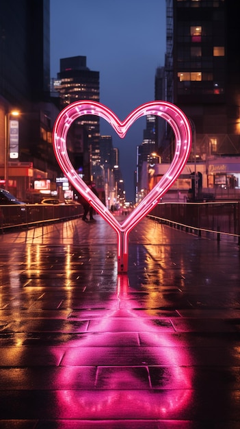 View of heart shaped neon light in the city