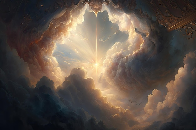 A view of the heavenly realm with its expansive clouds and brilliant light