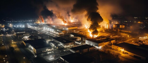 вид сильно курящего завода в ночное время на промышленную зону с воздуха