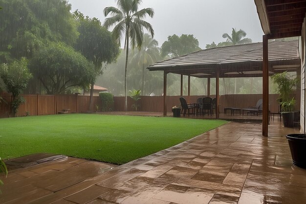 裏庭の激しい雨の景色