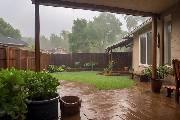 裏庭の激しい雨の景色