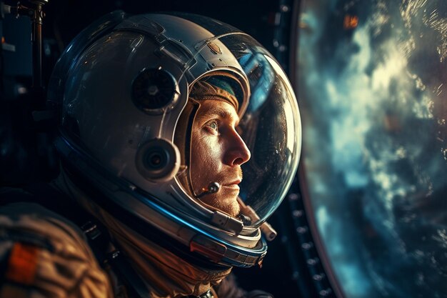 View of a helmeted astronaut looking out the window of a spacecraft space exploration