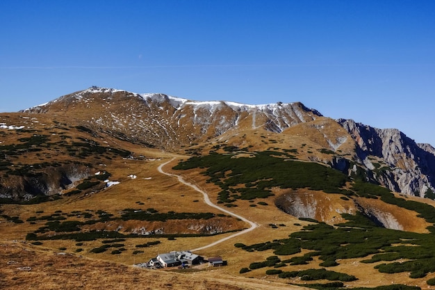 高山小屋とオーストリアの頂上への小道のある高山の眺め
