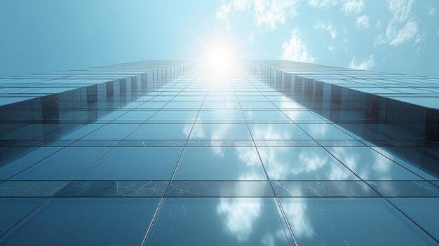 A view of a high rise glass building and a dark steel window system on a blue clear sky background A business concept of future architecture looking up to the suns light on top of the building 3D