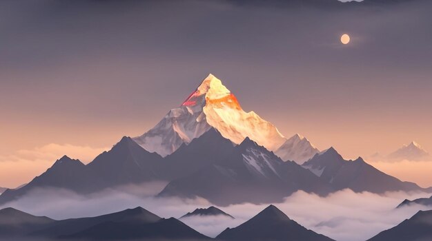 Foto vista dell'himalaya durante un'alba nebbiosa