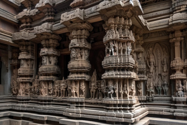 Вид на индуистский храм с замысловатой резьбой и скульптурами внутри