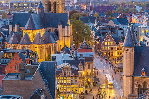 View of historic city of downtown Ghent cityscape of Belgium from top view