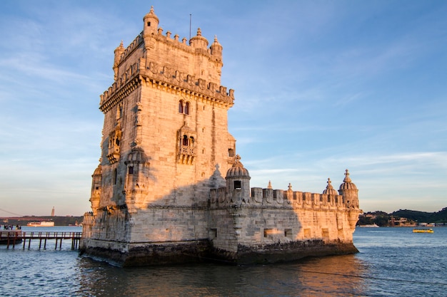 View of the historical landmark, Tower of Belem, located in Lisbon, Portugal.