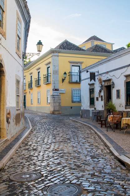 View of the historical streets on the old town of Faro, Portugal.