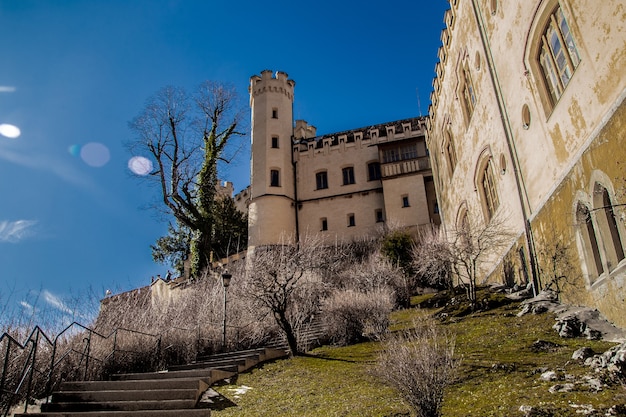 View of Hohenschwangau castle In the foreground stairs leading to the castle the entrance