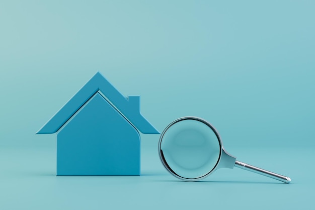 View homes for sale or rent a blue house next to a magnifying glass on a blue background 3D render