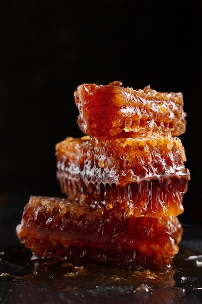 View of honeycomb with honey and beeswax